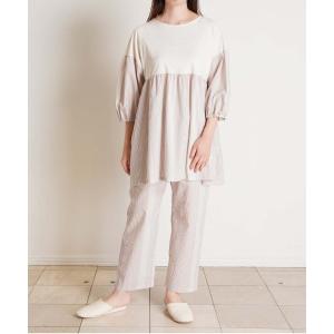 パジャマ ルームウェア キッドブルー -ストライプギンガム -8分袖パジャマ -KNBK526 -kidblue レディース