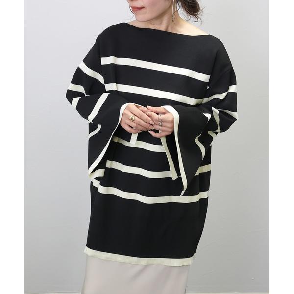 ニット セーター 総針編みボートネックボーダーゆるニットプルオーバー レディース