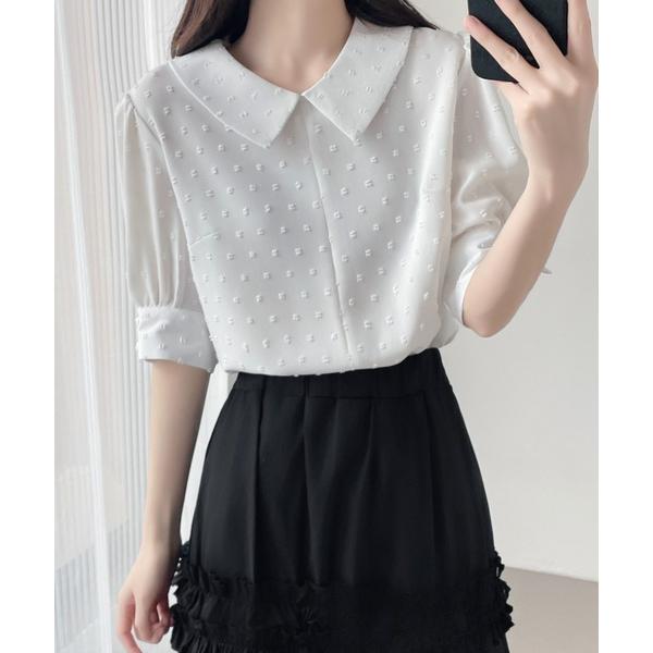 ブラウス シャツ 襟付きパフスリーブジャガードブラウス レディース