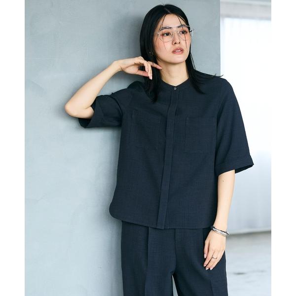 ブラウス シャツ 「シワになりにくい」サマナチュラ リネンライクバンドカラーハーフスリーブブラウス「...