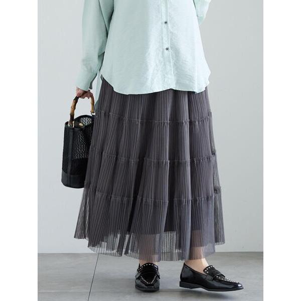 スカート チュールプリーツティアードロングスカート