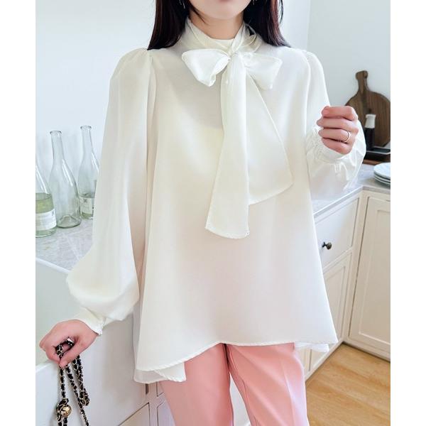 ブラウス シャツ ハイネックバックリボンブラウス レディース Aライン パフスリーブ トップス オフ...