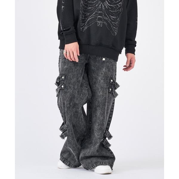 ジーンズ ベルトデザインワイドデニムパンツ メンズ レディース