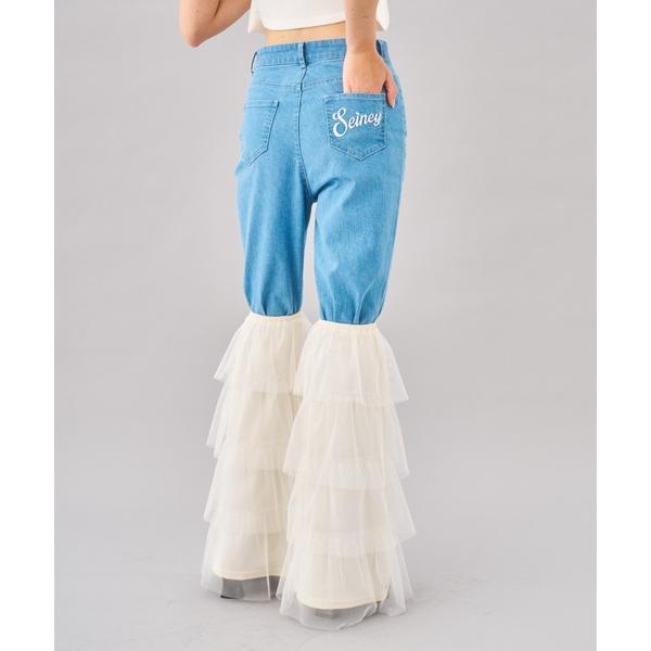 ジーンズ デニム デニムパンツ フレアフリルデニムパンツ レディース