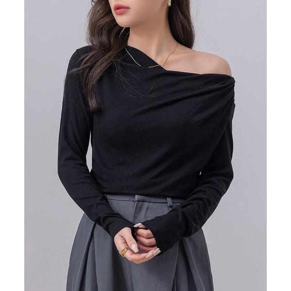tシャツ 「ドラマ衣装提供/大きいサイズ有/ふんわりシボ加工」長袖 4WAY ワンオフショル Vネッ...
