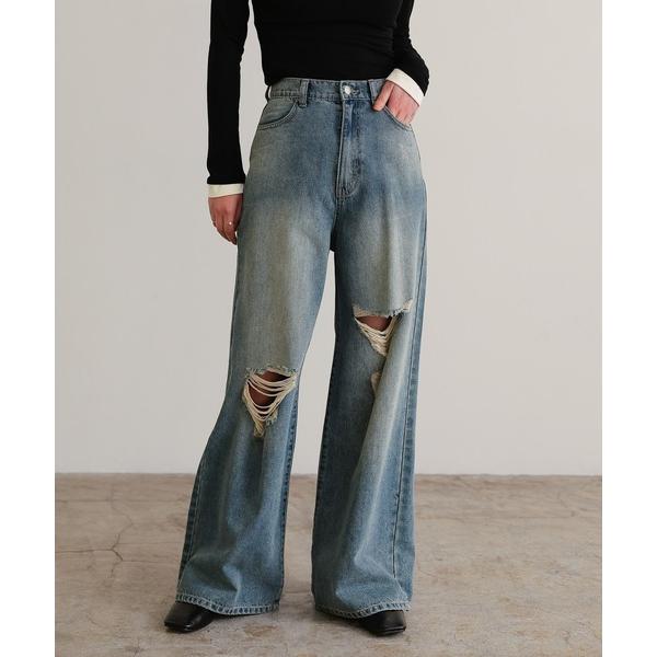 ジーンズ デニム デニムパンツ ダメージカットルーズデニムパンツ レディース