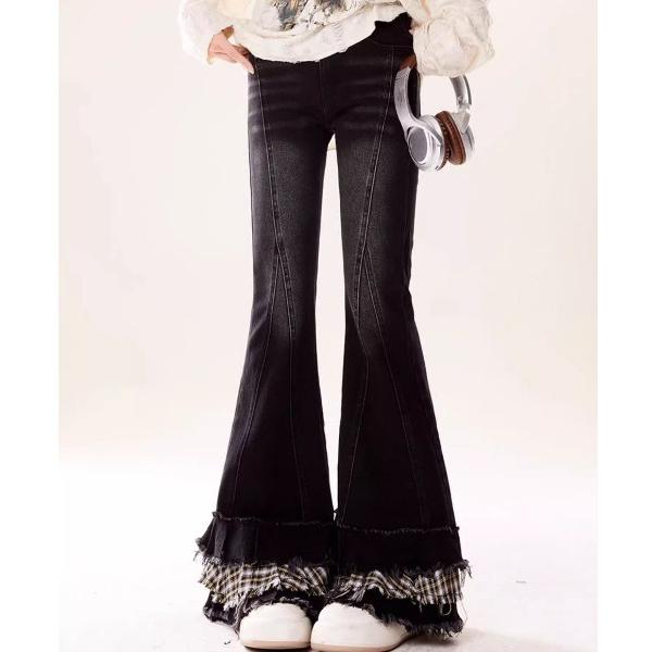 ジーンズ デニム デニムパンツ 25ss 異素材ドッキング　フリンジフレアデニムパンツ レディース