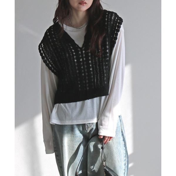 ベスト ジレ キーネッククロシェ編みかぎ針ニットベスト レディース