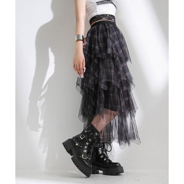 スカート チェック柄・迷彩柄・レオパード柄チュールイレヘムスカート