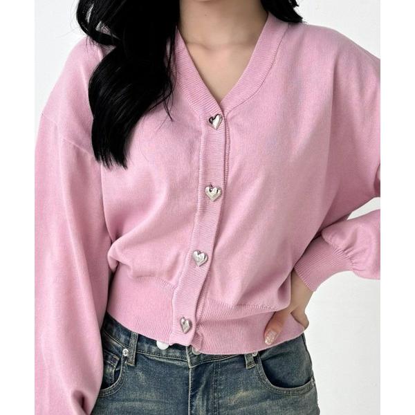 ニット セーター 天竺編みハートボタンＶネックニットカーディガン「大人 ガーリー スタイルアップ」「...