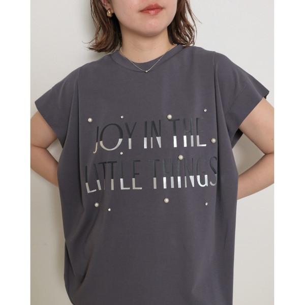 tシャツ パールビジュー付き シルケット天竺使用 ラバー×箔プリント ロゴトップス レディース