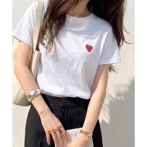 tシャツ 半袖 綿100％ハート＆宇宙ワンポイント刺繍Ｔシャツ レディース
