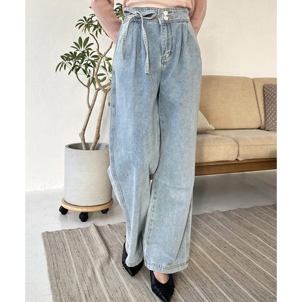 ジーンズ デニム デニムパンツ 紐ベルト付きタックデザインデニムパンツ レディース