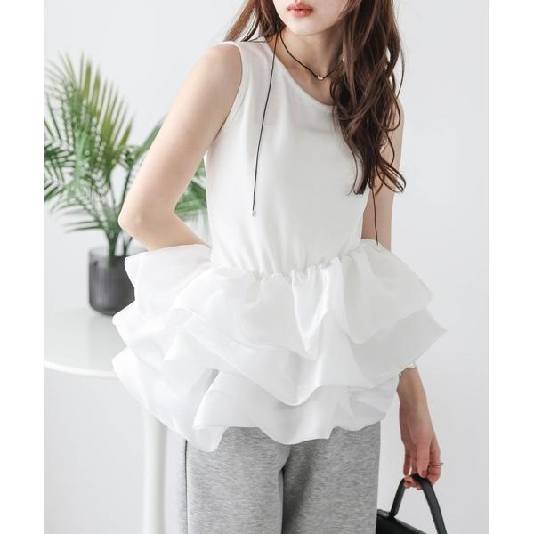 tシャツ バルーンフリルドッキングトップス レディース