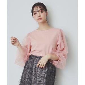 tシャツ ビジュー付きチュールバルーンスリーブトップス「洗濯機洗い可」 レディース