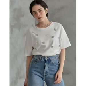 tシャツ 「MEISM by Re:EDIT」「UVカット」「吸水」「速乾」スムースコットンビジューデザインTシャツ レディース