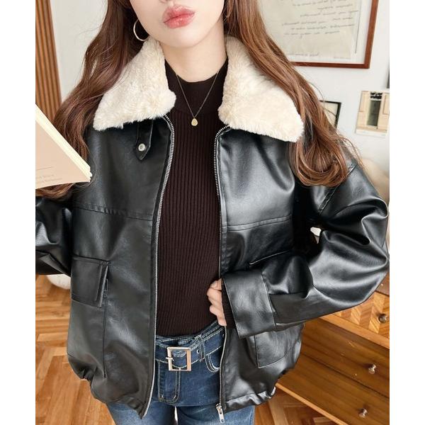 レザージャケット ライダース ファーティペット付きフェイクレザーブルゾン レディース