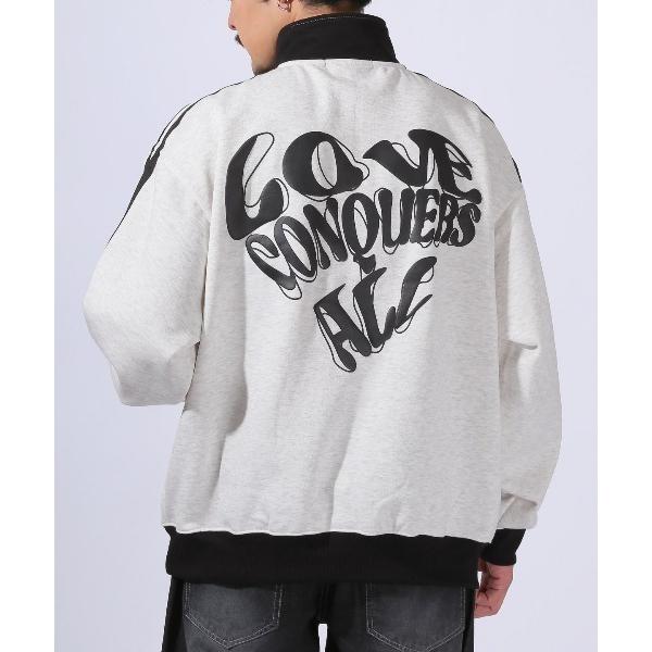 トレーナー スウェット 裏起毛ハートロゴ発泡プリントハーフZIPトレーナー メンズ レディース