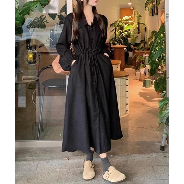 ワンピース 「シルエット調節可/袖口ゴム入り/程よく広がるAライン」長袖ウエストマークコーデュロイシ...