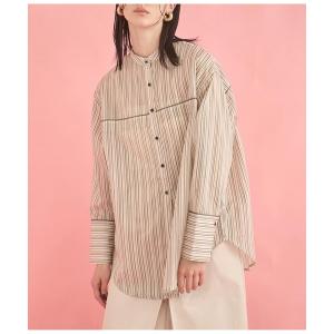 ブラウス シャツ バンドカラー シアー ドビーストライプ 配色 シャツ レディース