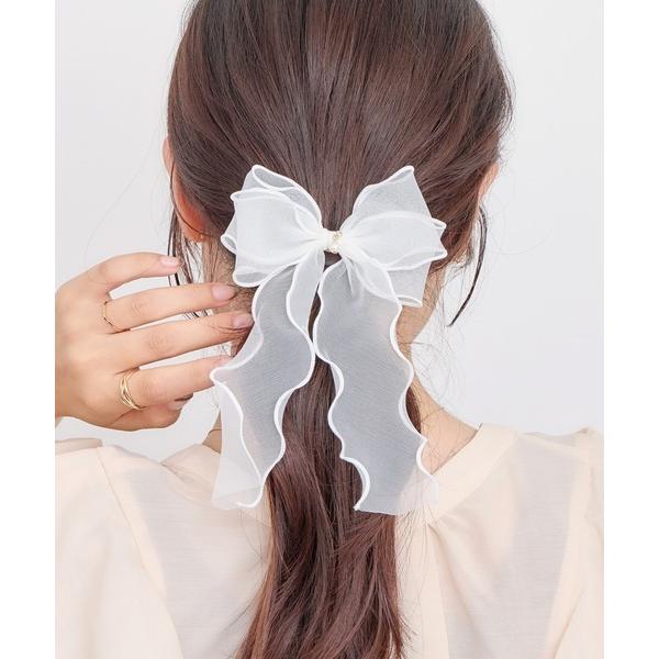 ヘアクリップ パール付オーガンジーフックポニー　ヘアカフ