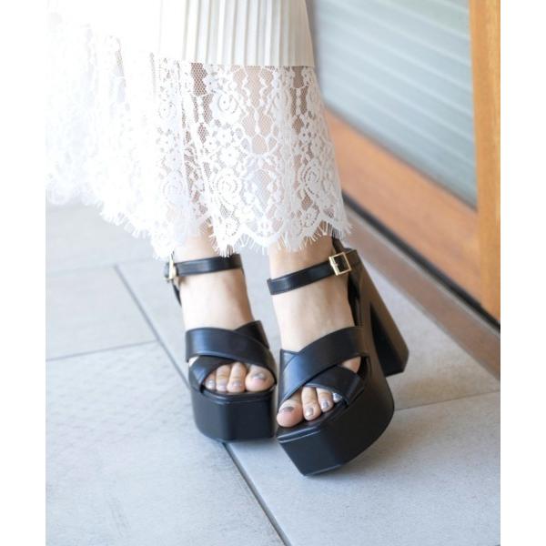 サンダル 「R＆E」クロスストラップスクエアトゥチャンキーヒールサンダル レディース