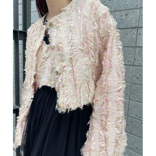 ジャケット ノーカラージャケット MIX PINK SHAGGY SHORT JACKET レディー...