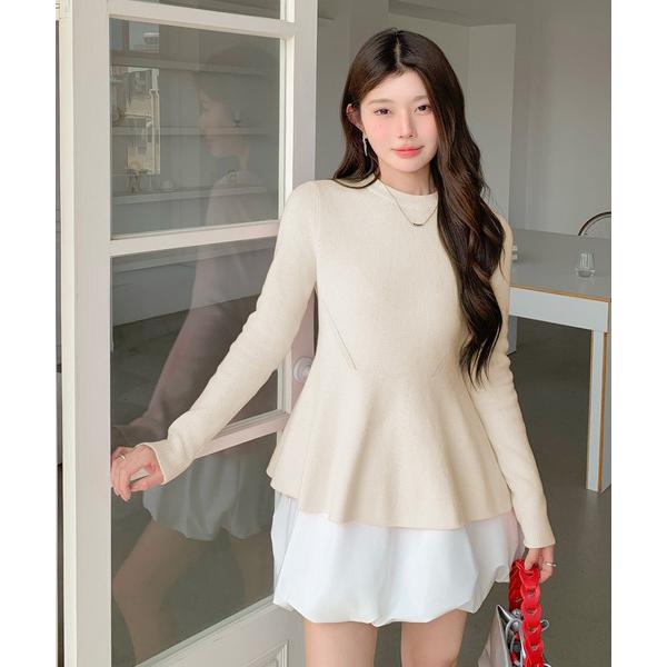 ニット セーター ペプラムニット レディース リブ編み ウエストマーク クルーネック レディース