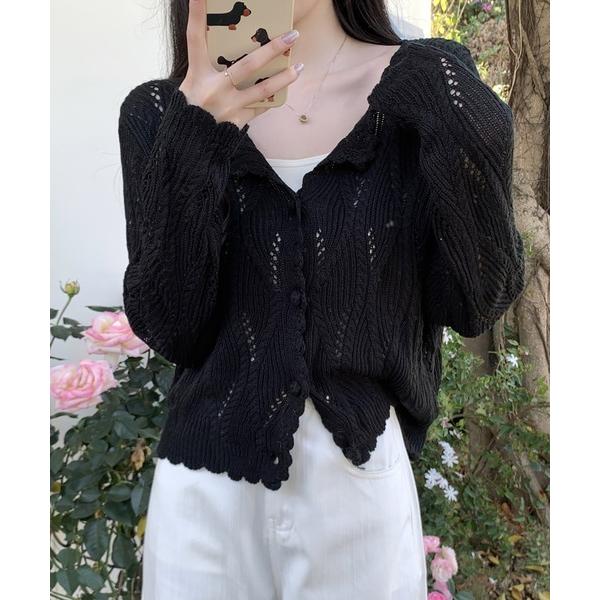 カーディガン 透かし編みデザインニットカーディガン レディース