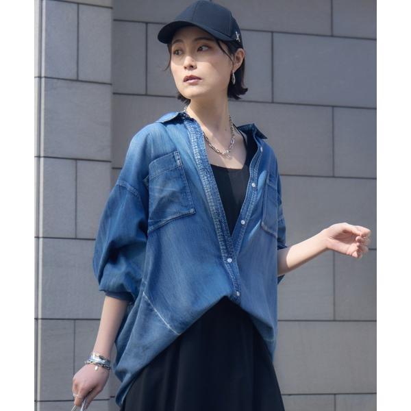 ブラウス シャツ Dignite Collier 袖リブシアーデニムスナップボタン付シャツ レディー...