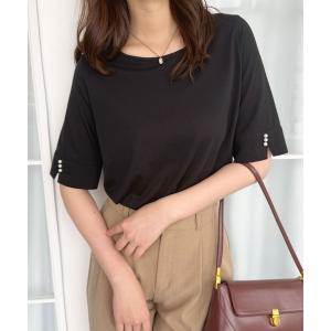 tシャツ 袖口パール調ボタンＴシャツ レディース