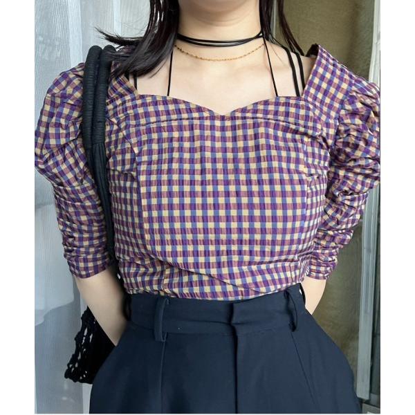 ブラウス シャツ CHECK PUFF SLEEVE TOP レディース