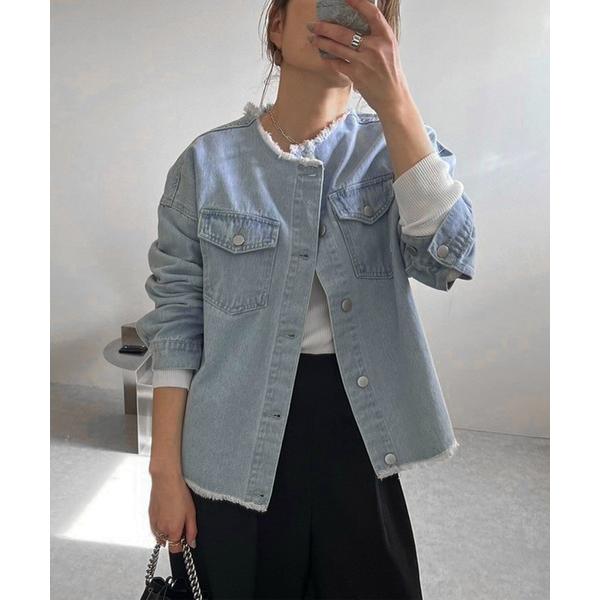 デニムジャケット gジャン クルーネックフリンジデニムジャケット レディース