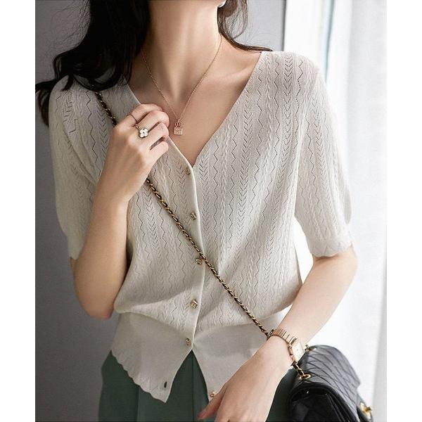 tシャツ スクエア上品ボタンサマーニット半袖トップス レディース