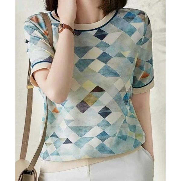 tシャツ アイスシルク調プリントデザイン上品Tシャツ レディース