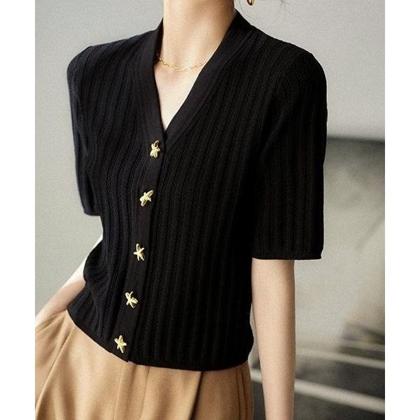 ニット セーター 春夏に最適なスターボタン上品ニット半袖トップス レディース