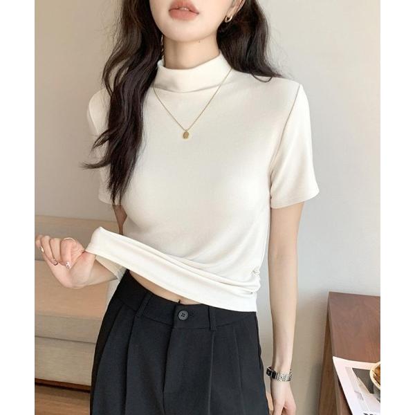 tシャツ きれいめ半袖プチハイネックだからUV対策にも人気トップス レディース