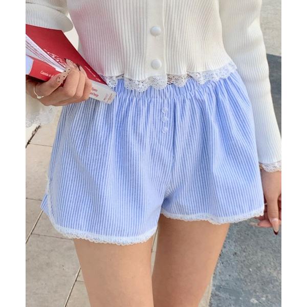 パンツ レーストリムストライプショートパンツ レディース