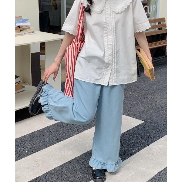 ジーンズ デニム デニムパンツ 裾フリルデニム レディース