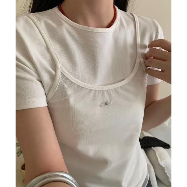 tシャツ プレートアクセント シアーキャミドッキングＴシャツ レディース
