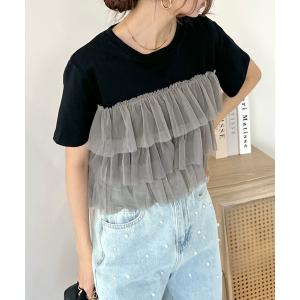 tシャツ 半袖 チュールティアードドッキングTシャツ レディース