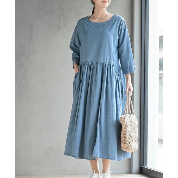 ワンピース ウエスト切替７分袖デニムギャザーワンピース