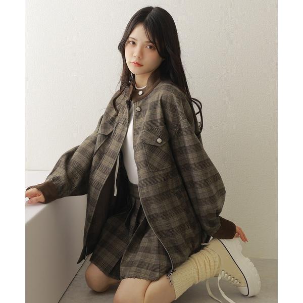 ブルゾン アウター check stand collar jacket/チェックスタンドカラージャケ...