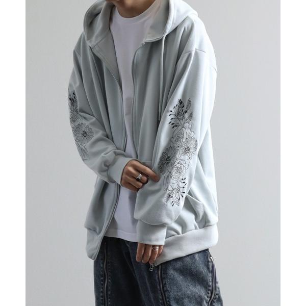 パーカー フラワースリーブ刺繍 エアリーポンチ ジップアップパーカー メンズ レディース