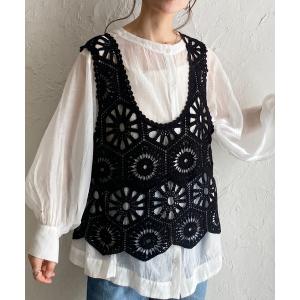 ベスト ジレ 綿100%ミドル丈深Vネック かぎ編み ビスチェ クロシェベスト レディース