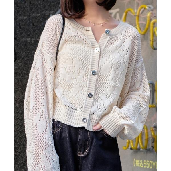 カーディガン 透かし編みフラワーメッシュカーディガン レディース