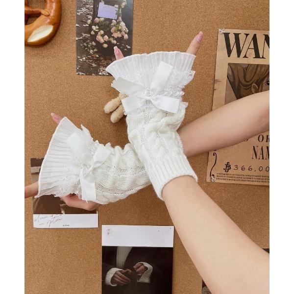 アームカバー フリルリボンニットアームカバー レディース