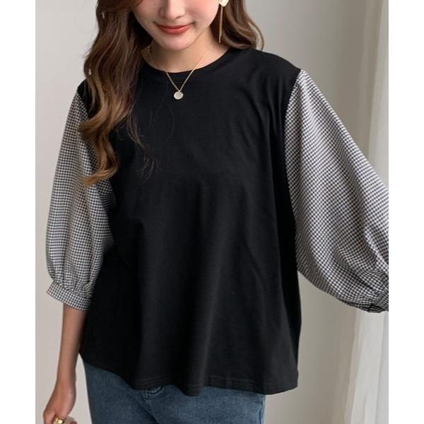 ブラウス シャツ 一枚でオシャレ。配色バイカラーボリュームスリーブトップス レディース