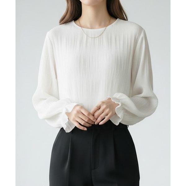 ブラウス シャツ 春夏シアー素材シャーリングブラウス立体感袖。フリルトップスで上品見えオフィスカジュ...