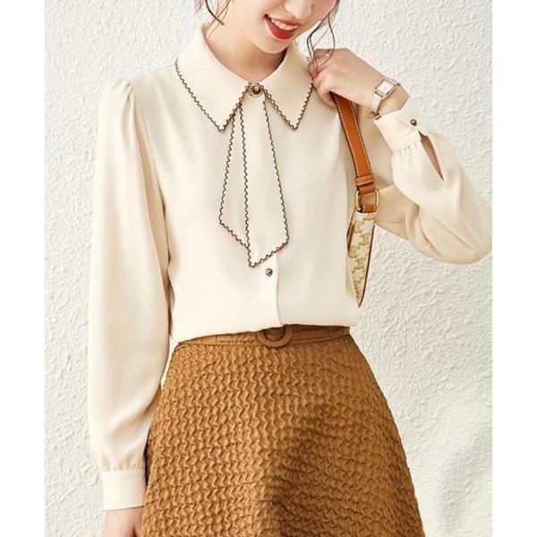 ブラウス シャツ バイカラーボウタイネックデザイン上品ブラウス レディース